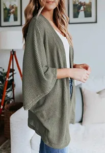 Women's army green waffle knit cardigan detail, casual loose open front sweater jacket.