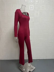 Women long sleeve square neck jumpsuit slim fit stretch wide leg bodysuit detail view.