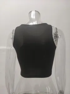 Close-up view of the black sleeveless crew neck racerback tank top on transparent mannequin.