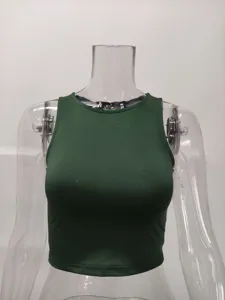 Women solid dark green sleeveless round neck crop top summer casual basic tank top