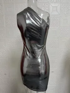 Metallic one shoulder sleeveless bodycon dress detail view, sexy slim fit summer style.