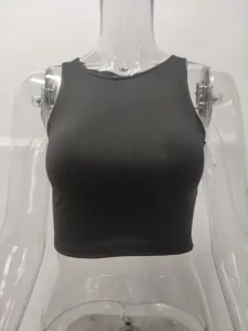 Black sleeveless round neck crop top detail view, basic solid color breathable fabric design.