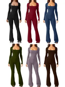 Women's Casual Long Sleeve Square Neck High Elastic Slim Fit Flare Jumpsuit Tummy Control Solid Color One-Piece Romper