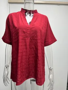 Women's summer short sleeve V-neck loose blouse shirt detailed view showing relaxed fit.
