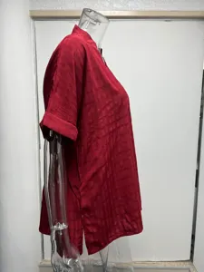 Detailed side view of womens red short sleeve V neck loose blouse casual summer thin shirt