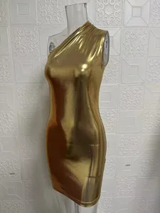 Sexy metallic gold one shoulder sleeveless bodycon mini dress for women summer club wear