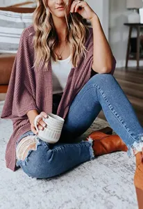 Women casual waffle knit cardigan loose autumn three quarter sleeve open front sweater top detail
