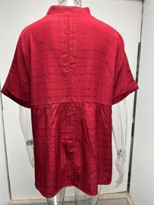 Summer red short sleeve loose casual shirt for women with back pleats and stand collar.