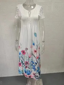 Women White Short Sleeve Lace Patchwork Floral Long Dress Casual Summer Maxi Dress