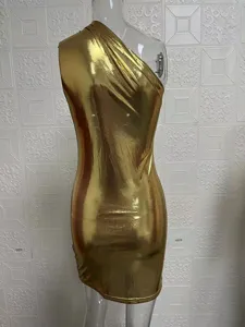 Sexy one shoulder metallic gold sleeveless mini dress for women summer clubwear bodycon party outfit