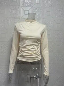 Women solid color mock neck ruched slim fit long sleeve top apparel detail showcase view