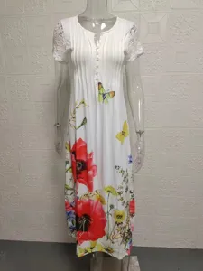 Close-up view of the white floral print long dress, featuring lace short sleeves and buttons.