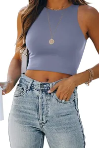 Women's solid color sleeveless crewneck crop top summer casual slim fit basic tank top.