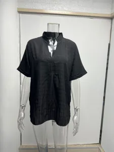 Women Summer Casual V-Neck Short Sleeve Loose Black Blouse Top for Daily Wear Outfit