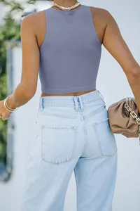 Detailed back view of women's grey-blue sleeveless racerback crop tank top casual style.