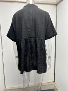 Women summer short sleeve loose blouse black plaid casual back pleated shirt detail