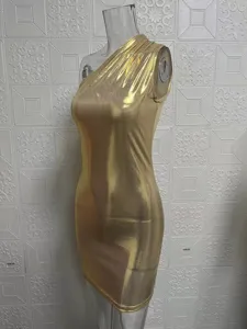 Gold metallic one shoulder sleeveless bodycon mini dress for summer club wear new