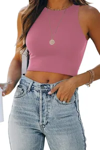 Close-up detail shot of a solid pink sleeveless crop top, stylish and comfortable outfit.