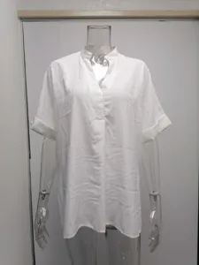 White short sleeve V-neck loose blouse for women, lightweight summer casual top detail view
