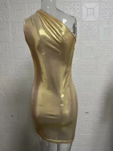 Gold metallic one-shoulder sleeveless bodycon dress detail view, shiny stretch party fabric.