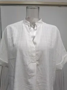 White short sleeve V-neck blouse detail view, casual loose summer shirt for women daily.