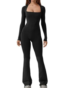 Women Long Sleeve Square Neck Flared Jumpsuit Slim Fit Casual Rompers Black Main View
