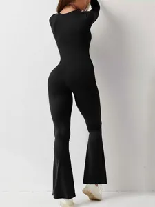 Women Long Sleeve Jumpsuit Solid Color Slim Fit Tummy Control Flare Pants Activewear
