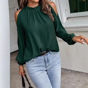 Chic dark green cold shoulder long sleeve blouse for women, elegant casual top with pleats.