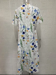 Casual floral printed crew neck short sleeve dress for women spring summer detail view.