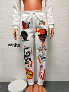 Women casual fleece lined sweatpants high waist graphic printed streetwear trousers white
