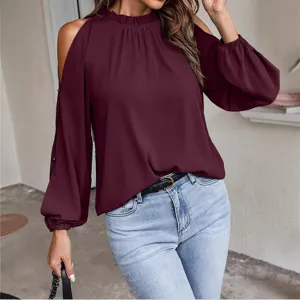 Elegant Women Solid Color Cold Shoulder Long Sleeve Ruffle Collar Blouse Top Style
