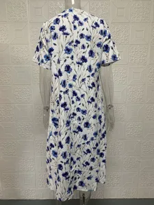 Women's short sleeve casual floral print dress, elegant round neck summer swing dress back view.