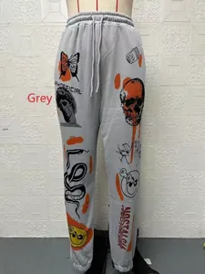 Trendy fleece-lined high-waist grey sweatpants with street graffiti prints for women.