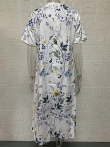 Detail view of the floral print short sleeve dress back design, casual summer style.