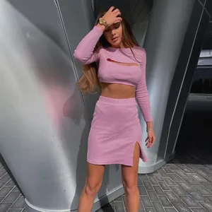 Sexy pink two-piece ribbed crop top and side slit mini skirt set for women's modern fashion.