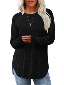 Dames Effen Zwart Geribbelde Lange Mouw Ronde Hals Gebogen Hem Herfst Trui Top