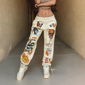 Women fleece lined high waist casual sweatpants trendy skull print streetwear trousers