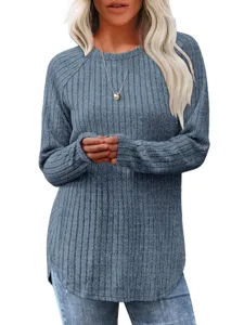 Stijlvolle Dames Casual Trui Lange Mouwen Geribbeld Breisel Ronde Hals Zoom Herfst