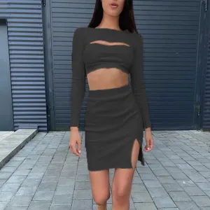 Women sexy two piece outfit long sleeve cutout crop top and high waist side slit mini skirt