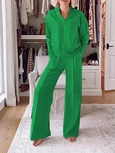 Women's Casual V-Neck Long Sleeve Solid Color Top And Wide Leg Pants Autumn Winter Fashion Outfit