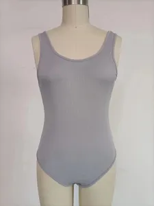 Grey ribbed scoop neck sleeveless bodysuit detail view, perfect for daily casual wear.