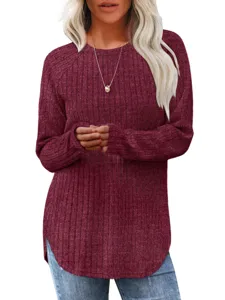Dames Langarm Ribgebreide Trui Casual Ronde Hals Gebogen Zoom Herfst Bovendeel