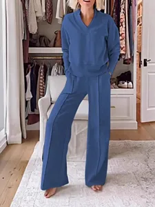 Autumn winter women casual long sleeve v neck solid color sweater wide leg pants outfit set