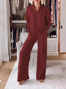 Women autumn winter solid color V-neck long sleeve loose lounge set casual pants outfit