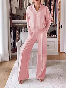 Women casual pink lounge set V-neck long sleeve top and wide leg pants for daily wear.