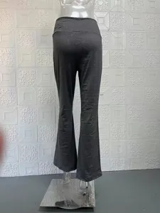 Dames casual lage taille uitlopende broek in donkergrijs, slanke effen kleur detailweergave.