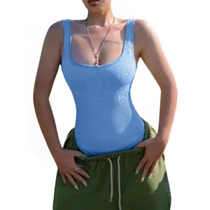 Close-up detail of women's ribbed scoop neck sleeveless bodysuit in light blue, snug fit.