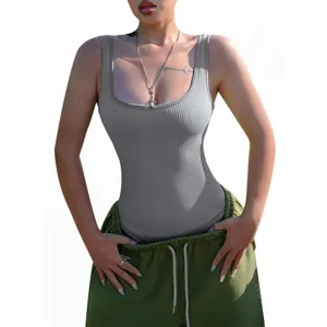 Women sexy ribbed scoop neck sleeveless bodysuit casual slim fit tank top solid color gray