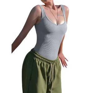 Grey ribbed scoop neck sleeveless bodysuit for women, slim fit essential apparel detail view.