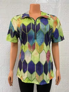 Women short sleeve half zip V-neck top colorful geometric print casual summer shirt blouse